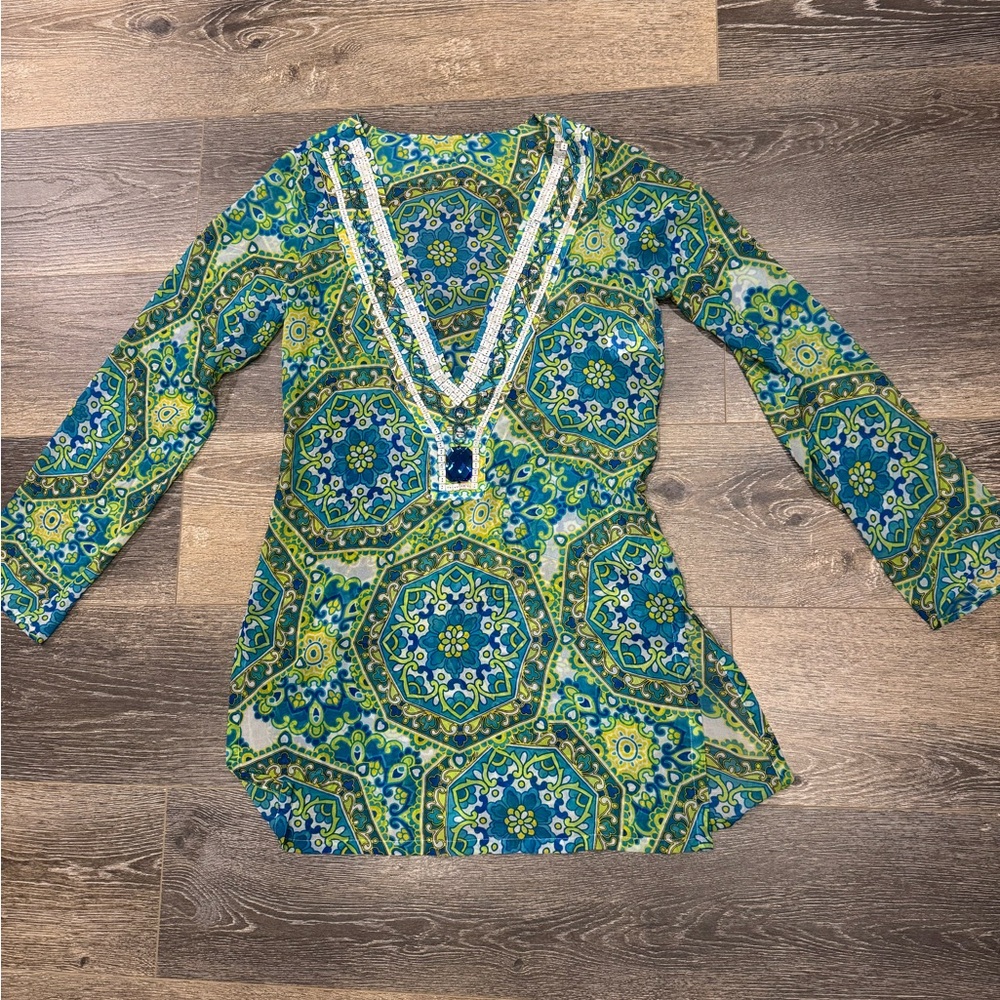 Jantzen Graphic Green and Blue Tunic Top